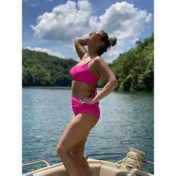 RUUHEE Women Criss Cross High Waisted String Floral Printed 2 Piece Bathing Suits (S(US Size 4-6), Brose Red)