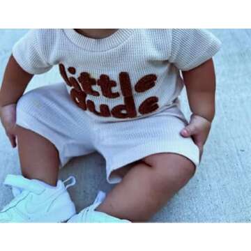Embroidery Baby Boy Clothes Summer Short Sleeve Little Dude Print T-Shirt Tops Short Set Waffle Knit Outfit (Apricot Little Dude, 12-18 Months)