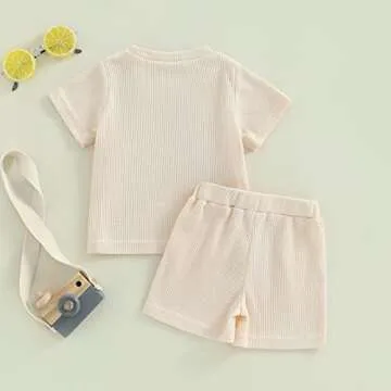 Embroidery Baby Boy Clothes Summer Short Sleeve Little Dude Print T-Shirt Tops Short Set Waffle Knit Outfit (Apricot Little Dude, 12-18 Months)