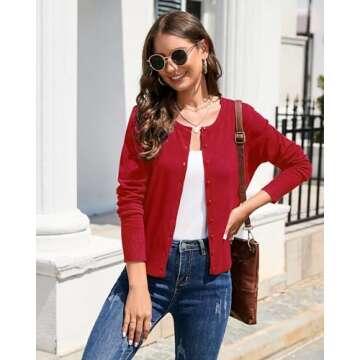Newshows Women's 2025 Summer Cardigan Lightweight Button Down Long Sleeve Casual Crew Neck Soft Knit Fall Cardigan Sweater Tops(Purplish Red,Medium)