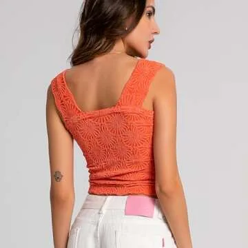 Women's Square Neck Wide Strap Crop Tank Tops Summer Going Out Tops Slim Fit Lettuce Trim Crop Cami Orange,XS/S