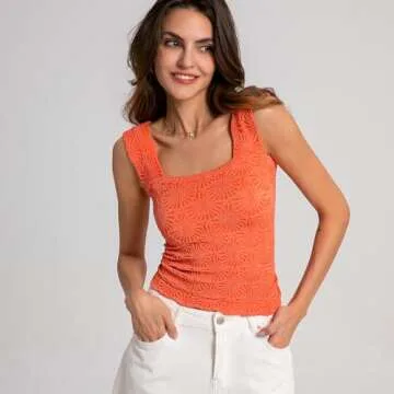 Women's Square Neck Wide Strap Crop Tank Tops Summer Going Out Tops Slim Fit Lettuce Trim Crop Cami Orange,XS/S
