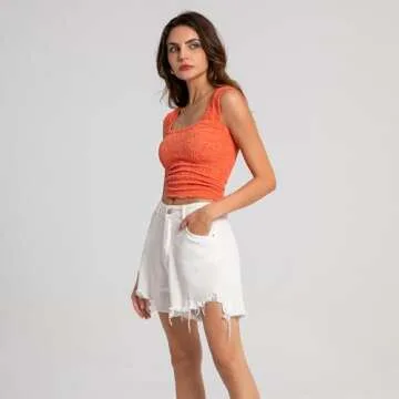 Women's Square Neck Wide Strap Crop Tank Tops Summer Going Out Tops Slim Fit Lettuce Trim Crop Cami Orange,XS/S