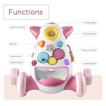 KÜB Baby & Toddler Push Walker, Interactive Sound & Light Effect Musical Montessori Activity Center, Adjustable Speed Wheel, Safe & Stable, Fun Gift for Boy and Girl Learning to Stand & Walk, Pink