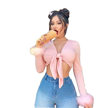Sexy Feather Trim Long Sleeve Crop Top - Pink Faux Fur Blouse