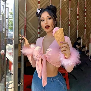 Pink Feather Trim Long Sleeve Crop Top - Sexy Rave Wear