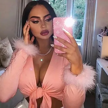 Pink Feather Trim Long Sleeve Crop Top - Sexy Rave Wear