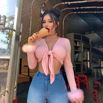 Pink Feather Trim Long Sleeve Crop Top - Sexy Rave Wear