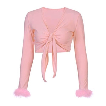 Pink Feather Trim Long Sleeve Crop Top - Sexy Rave Wear