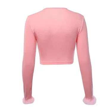 Pink Feather Trim Long Sleeve Crop Top - Sexy Rave Wear