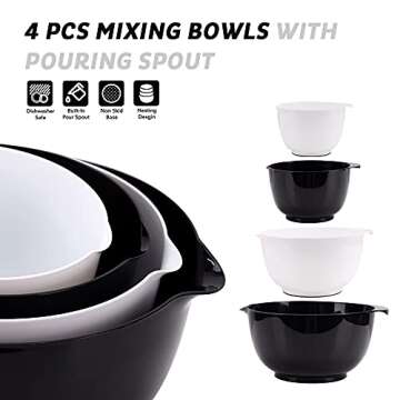 BoxedHome Black and White Nesting Plastic Mixing Bowl Set With Pour Spout, Microwave and Dishwasher Safe, BPA free Non-Slip Base, Set of 4 Size 1.7, 2.5, 3.5 and 4.5qt, Great for Prepping, Baking