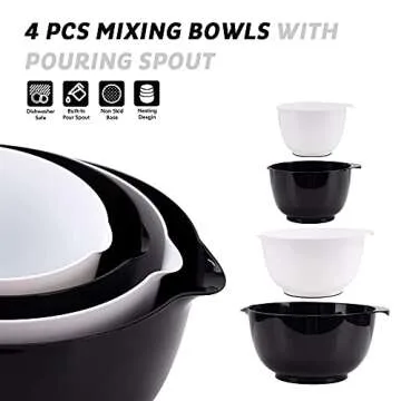 BoxedHome Black and White Nesting Plastic Mixing Bowl Set With Pour Spout, Microwave and Dishwasher Safe, BPA free Non-Slip Base, Set of 4 Size 1.7, 2.5, 3.5 and 4.5qt, Great for Prepping, Baking