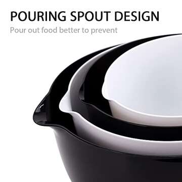 BoxedHome Black and White Nesting Plastic Mixing Bowl Set With Pour Spout, Microwave and Dishwasher Safe, BPA free Non-Slip Base, Set of 4 Size 1.7, 2.5, 3.5 and 4.5qt, Great for Prepping, Baking