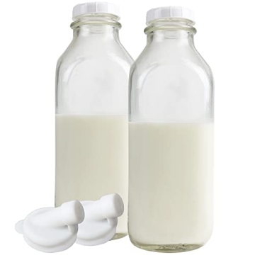 The Dairy Shoppe 1 Ltr. (33.8 oz.) Glass Milk Bottle Vintage Style with Cap & NEW Silicone Pour Spou...