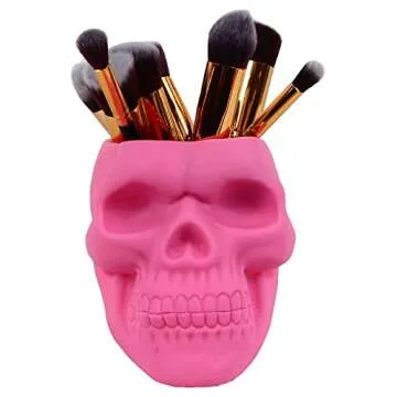 x-merry toy Skull Pen Holder/Skull Makeup Brush Holder/Pen Holder/Dressing Table Office Desk Storage Box/Green Plant Flower Pot/Halloween Skull (Pink)