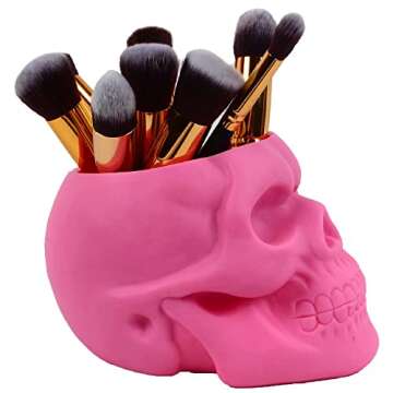 x-merry toy Skull Pen Holder/Skull Makeup Brush Holder/Pen Holder/Dressing Table Office Desk Storage Box/Green Plant Flower Pot/Halloween Skull (Pink)