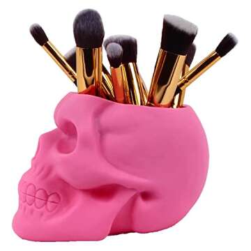 x-merry toy Skull Pen Holder/Skull Makeup Brush Holder/Pen Holder/Dressing Table Office Desk Storage Box/Green Plant Flower Pot/Halloween Skull (Pink)