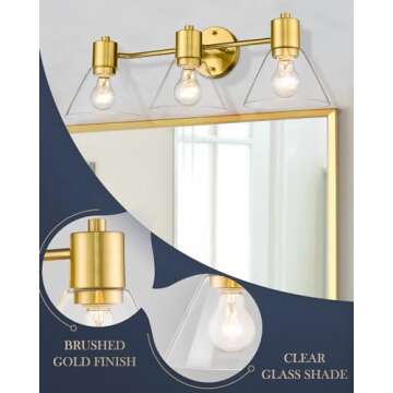 LMS Gold Bathroom Vanity Light Fixtures, 3 Light Bathroom Light Fixtures with Clear Glass Shade, LMS-108