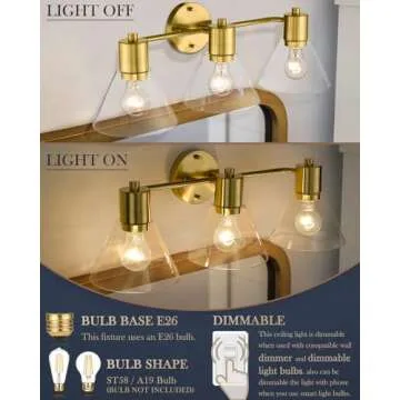 LMS Gold Bathroom Vanity Light Fixtures, 3 Light Bathroom Light Fixtures with Clear Glass Shade, LMS-108