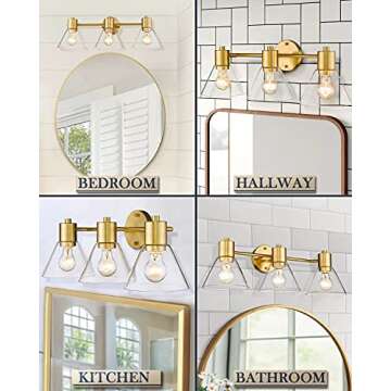 LMS Gold Bathroom Vanity Light Fixtures, 3 Light Bathroom Light Fixtures with Clear Glass Shade, LMS-108