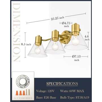 LMS Gold Bathroom Vanity Light Fixtures, 3 Light Bathroom Light Fixtures with Clear Glass Shade, LMS-108