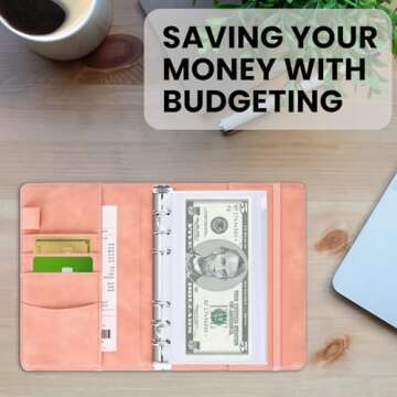 LINTRU Budget Binder with Zipper Envelopes, Budget Book with Cash Envelopes, Premium Pu Leather A6 Binder with Expense Budget Sheets and Stickers, Savings Binder for Budgeting (Pink)
