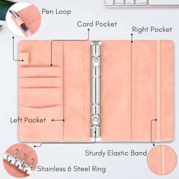 LINTRU Budget Binder with Zipper Envelopes, Budget Book with Cash Envelopes, Premium Pu Leather A6 Binder with Expense Budget Sheets and Stickers, Savings Binder for Budgeting (Pink)