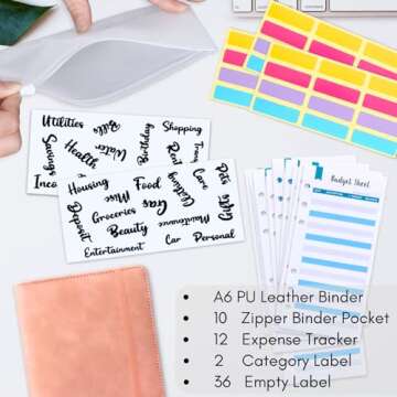 LINTRU Budget Binder with Zipper Envelopes, Budget Book with Cash Envelopes, Premium Pu Leather A6 Binder with Expense Budget Sheets and Stickers, Savings Binder for Budgeting (Pink)
