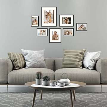 Golden State Art, Aluminum Gallery Wall Frame Set of 7 - Includes One 11x14, Two 8x10, and Four 5x7 - Metal Frames with Mat & Real Glass Cover for Elegant Home or Office Decor (Style 2, Black)