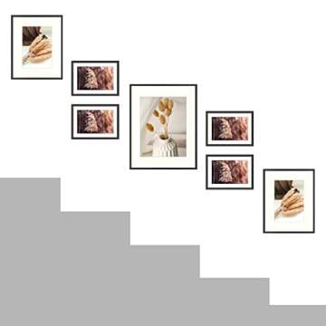 Golden State Art, Aluminum Gallery Wall Frame Set of 7 - Includes One 11x14, Two 8x10, and Four 5x7 - Metal Frames with Mat & Real Glass Cover for Elegant Home or Office Decor (Style 2, Black)