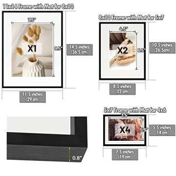 Golden State Art, Aluminum Gallery Wall Frame Set of 7 - Includes One 11x14, Two 8x10, and Four 5x7 - Metal Frames with Mat & Real Glass Cover for Elegant Home or Office Decor (Style 2, Black)