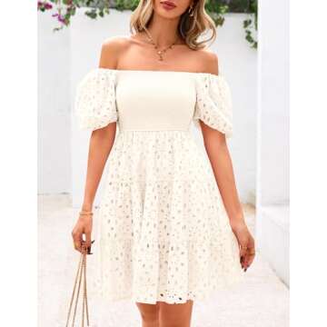 PRETTYGARDEN Womens Summer Puff Sleeve Mini Dress Off Shoulder Eyelet Smocked A Line Casual Babydoll Short Dresses (White,Large)