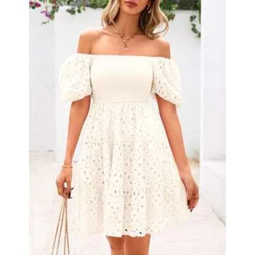 PRETTYGARDEN Womens Summer Puff Sleeve Mini Dress Off Shoulder Eyelet Smocked A Line Casual Babydoll Short Dresses (White,Large)