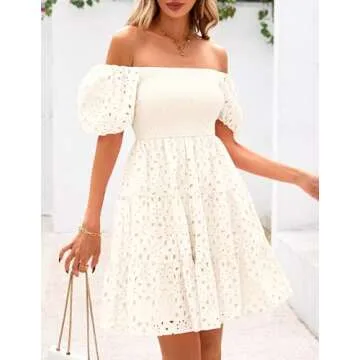 PRETTYGARDEN Womens Summer Puff Sleeve Mini Dress Off Shoulder Eyelet Smocked A Line Casual Babydoll Short Dresses (White,Large)