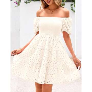 PRETTYGARDEN Womens Summer Puff Sleeve Mini Dress Off Shoulder Eyelet Smocked A Line Casual Babydoll Short Dresses (White,Large)