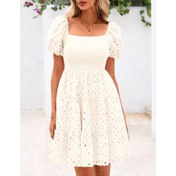 PRETTYGARDEN Womens Summer Puff Sleeve Mini Dress Off Shoulder Eyelet Smocked A Line Casual Babydoll Short Dresses (White,Large)