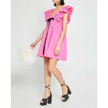 Zebaexf Womens Deep V Neck Dress Short Sleeve Boho Floral Dress Casual Loose Flowy Elegant Mini Dress Pink Small