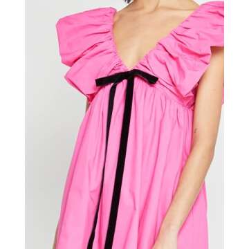 Zebaexf Womens Deep V Neck Dress Short Sleeve Boho Floral Dress Casual Loose Flowy Elegant Mini Dress Pink Small