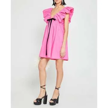 Zebaexf Womens Deep V Neck Dress Short Sleeve Boho Floral Dress Casual Loose Flowy Elegant Mini Dress Pink Small