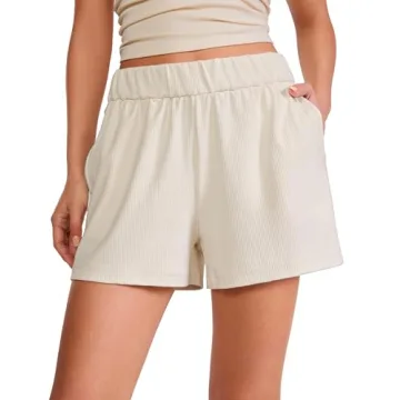 CRZ YOGA Comfy Ribbed Shorts for Women - High Waisted Casual Lounge Shorts with Pockets