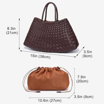 Rejolly Basket Bag for Women Woven Leather Top Handle Tote Handbag Summer Vacation Chic Beach Purse with Drawstring Pouch White