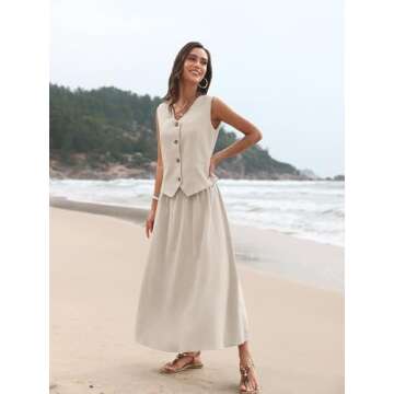ELLEVEN Linen Sets for Women 2 Piece Skirt Outfits Summer Two Piece Vest Sets Going Out Maxi A-line Long Flowy Skirt Sleeveless Tank Top Casual Matching Dress Set Spring Vacation Apricot Medium