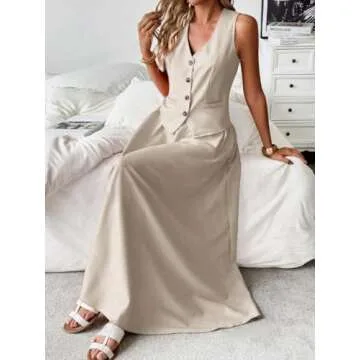 ELLEVEN Linen Sets for Women 2 Piece Skirt Outfits Summer Two Piece Vest Sets Going Out Maxi A-line Long Flowy Skirt Sleeveless Tank Top Casual Matching Dress Set Spring Vacation Apricot Medium