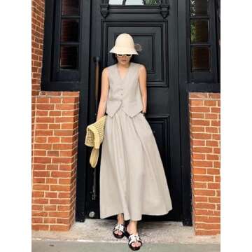 ELLEVEN Linen Sets for Women 2 Piece Skirt Outfits Summer Two Piece Vest Sets Going Out Maxi A-line Long Flowy Skirt Sleeveless Tank Top Casual Matching Dress Set Spring Vacation Apricot Medium