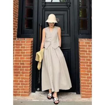 ELLEVEN Linen Sets for Women 2 Piece Skirt Outfits Summer Two Piece Vest Sets Going Out Maxi A-line Long Flowy Skirt Sleeveless Tank Top Casual Matching Dress Set Spring Vacation Apricot Medium