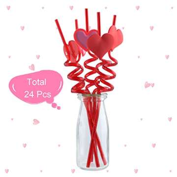 TUPARKA 24 PCS Valentine Reusable Straws Crazy Loop Straws Red Heart Crazy Straws Valentine Party Dr...