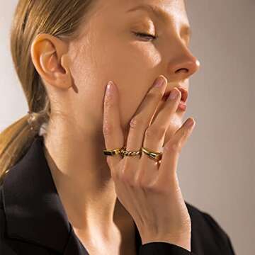 SLOONG 10pcs Classic Chunky Dome Ring Set 14k Gold Plated Ring Signet Ring Stacking Band Ring Trendy Geometric for Women Men #8