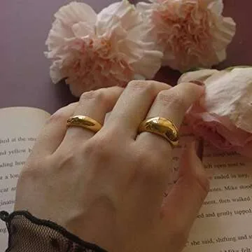 SLOONG 10pcs Classic Chunky Dome Ring Set 14k Gold Plated Ring Signet Ring Stacking Band Ring Trendy Geometric for Women Men #8