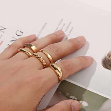 SLOONG 10pcs Classic Chunky Dome Ring Set 14k Gold Plated Ring Signet Ring Stacking Band Ring Trendy Geometric for Women Men #8