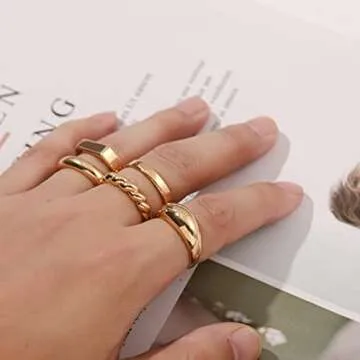 SLOONG 10pcs Classic Chunky Dome Ring Set 14k Gold Plated Ring Signet Ring Stacking Band Ring Trendy Geometric for Women Men #8